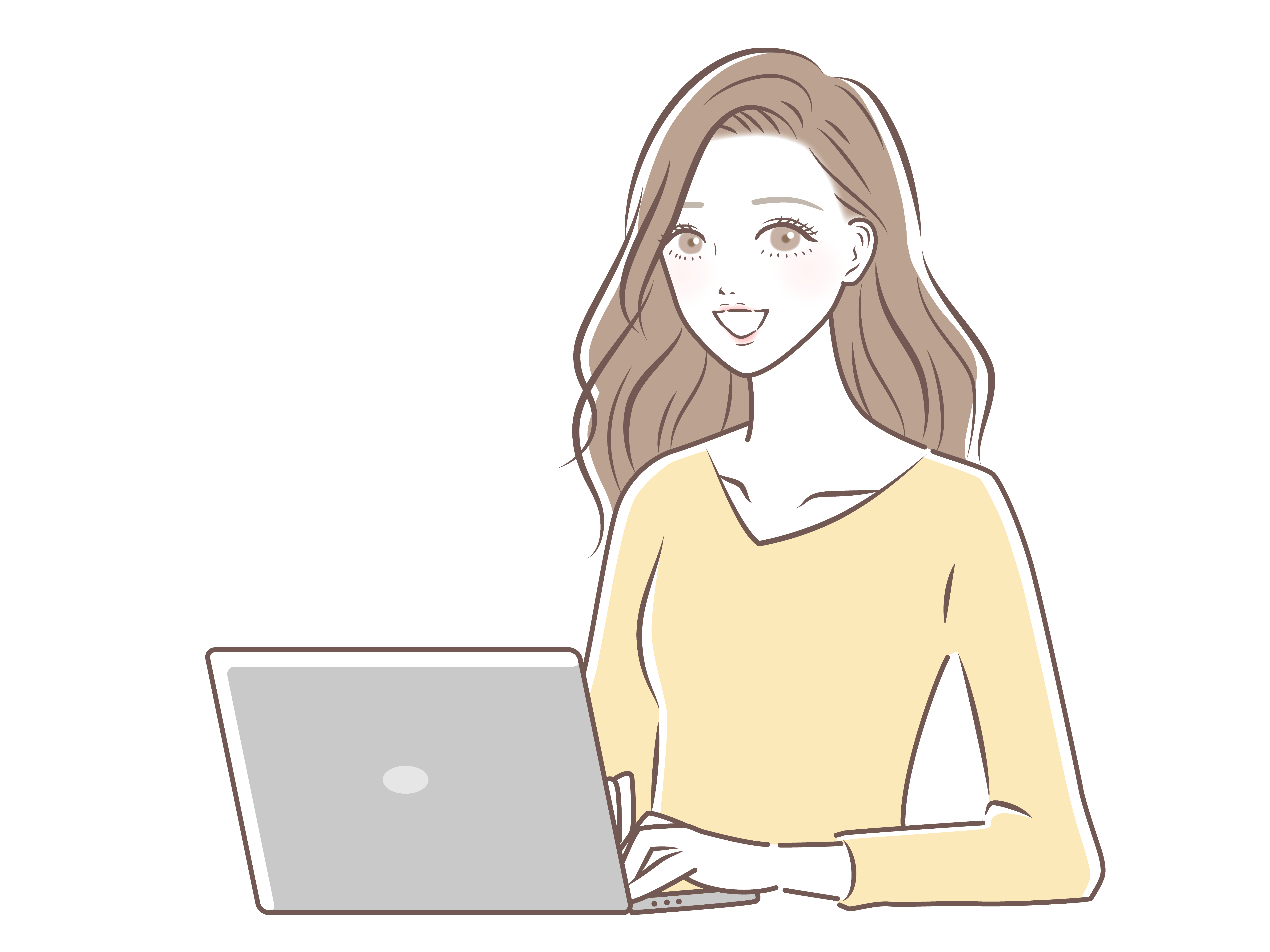 パソコンに向かう黄色い服の女性